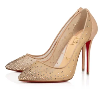 Follies Strass – 100-mm-Pumps – Mesh, Kalbsveloursleder und Strass – Helle Seide – Damen