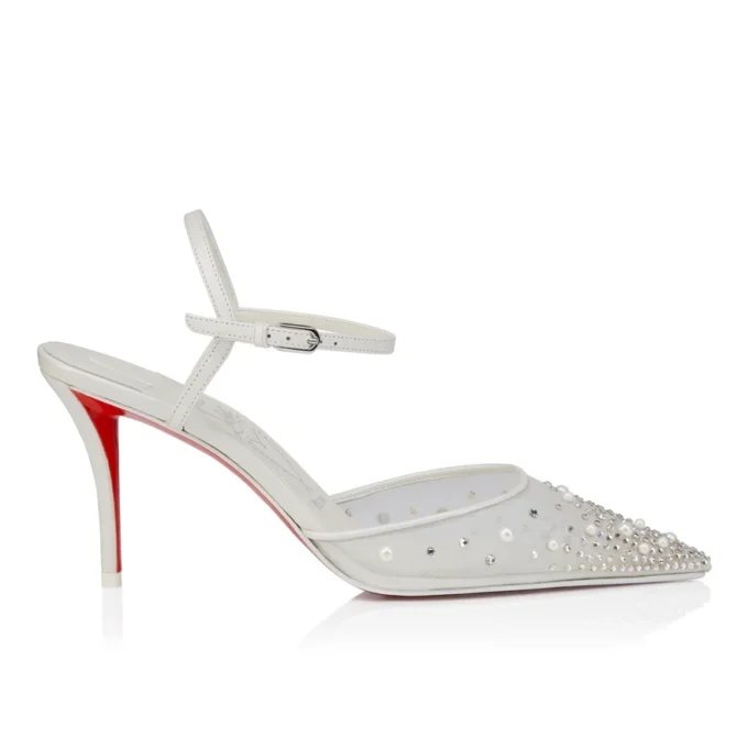 Miss Z Riviera Strass – 80 mm Riemchenpumps – Mesh, Nappaleder und Perlen – Bianco – Damen