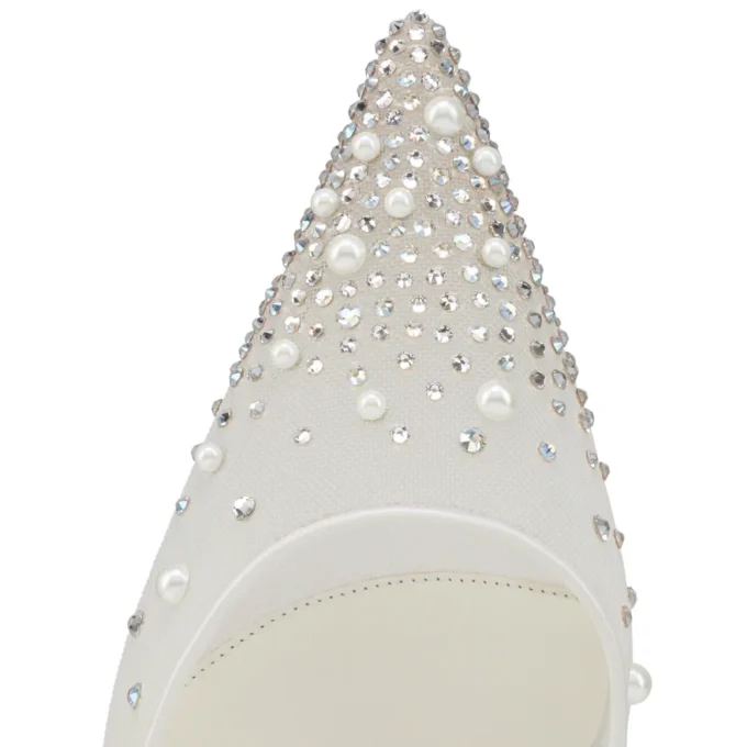Miss Z Riviera Strass – 80 mm Riemchenpumps – Mesh, Nappaleder und Perlen – Bianco – Damen