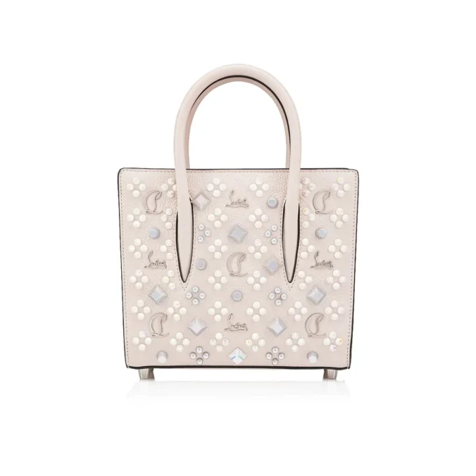 Paloma Mini – Handtasche mit Tragegriff – genarbtes Kalbsleder und Loubinthesky-Spikes – Leche Paloma Mini – Handtasche mit Tragegriff – genarbtes Kalbsleder und Loubinthesky-Spikes – Leche